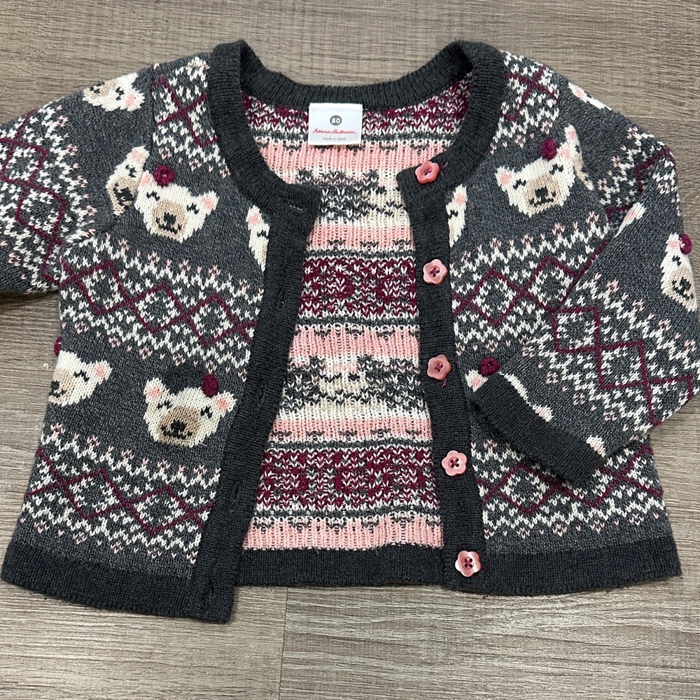 Hanna Andersson Kids' Bear Pattern Cardigan - Pink, Gray, and Cream